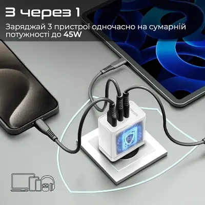 Зарядний пристрій Promate powerport-45 2xUSB-C PD + USB-A QC 45 Вт білий (powerport-45.white) - фото 10