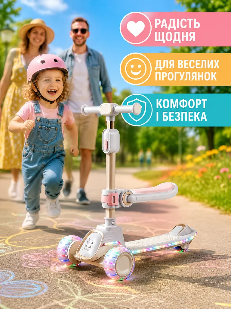 Дитячий самокат триколісний 2в1 білий із сидінням підсвічуванням коліс і музикою (49675958) - фото 6