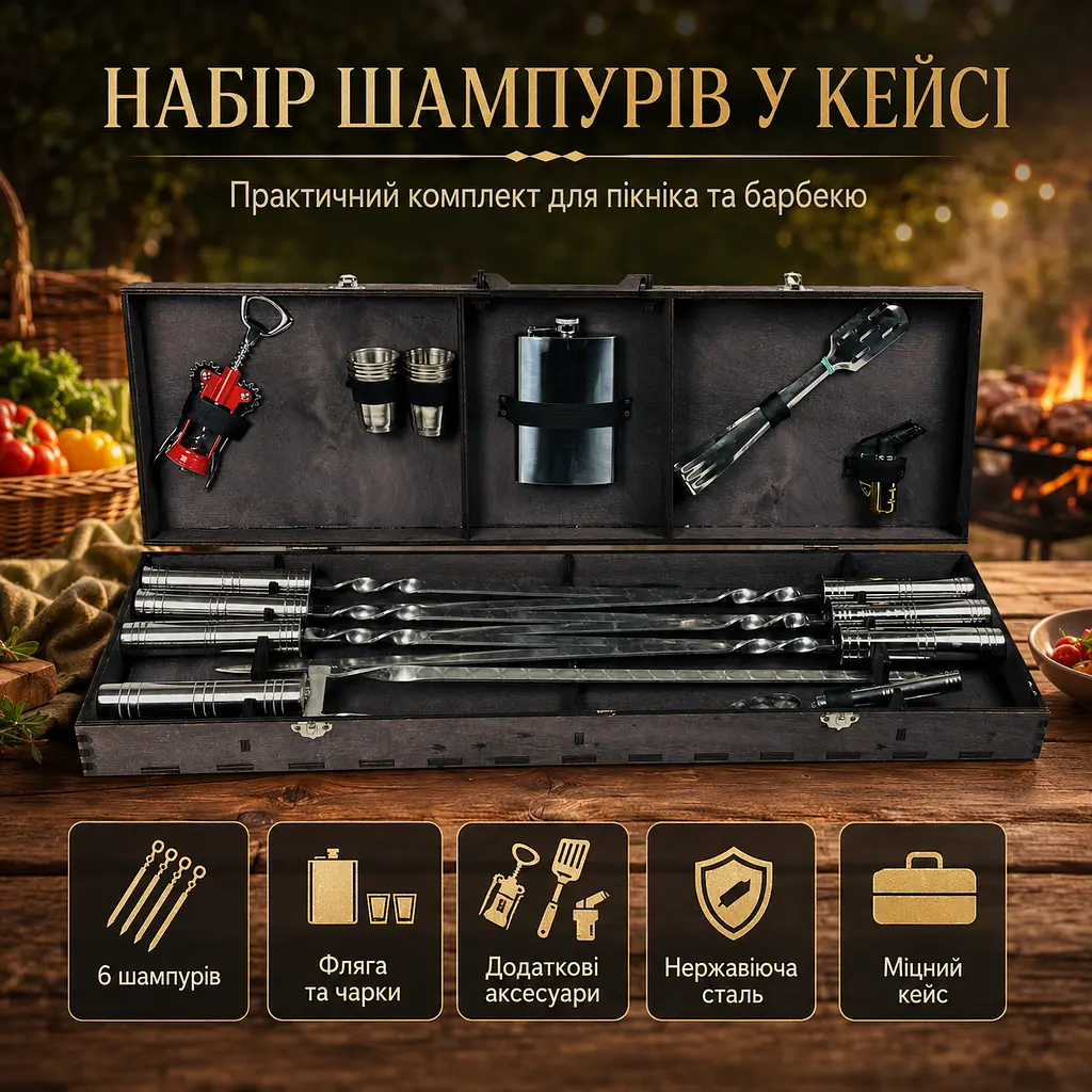 Набір шампурів у кейсі 18 предметів з нержавіючої сталі з флягою, чарками, щипцями та штопором - фото 2
