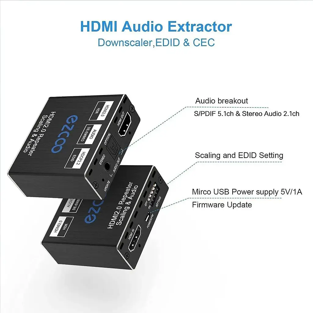 Розгалужувач EZCOO HDMI 1x1, аудіоекстрактор 4K 60H, повторювач HDMI 2.0 - фото 2