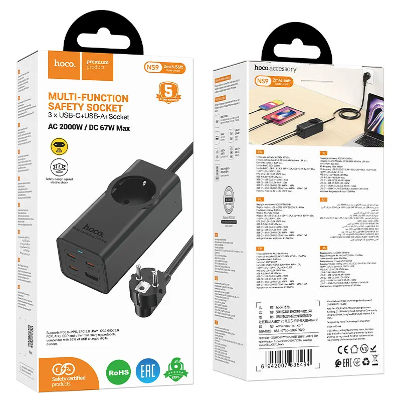 Мережевий подовжувач HOCO NS9 Wisdom 1-position (PD67W/3C1A) desktop socket (EU/GER) чорний - фото 2