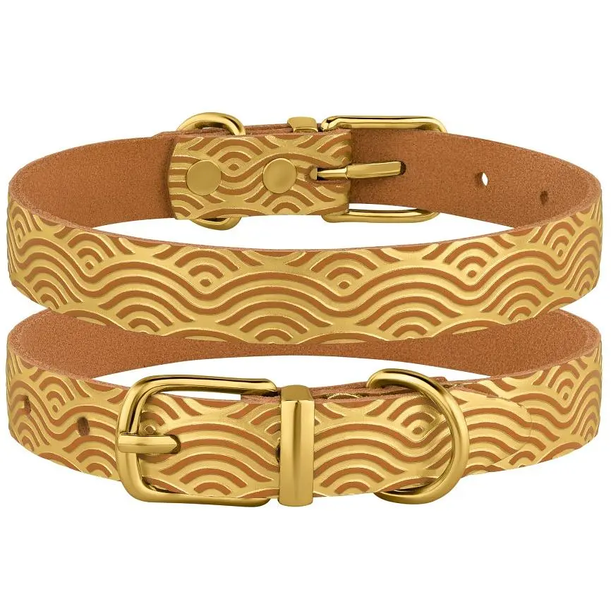 Ошейник для собак BronzeDog Barksi Classic Волна кожаный одинарный с золотым тиснением 23-30х1.2 см горчичный - фото 3