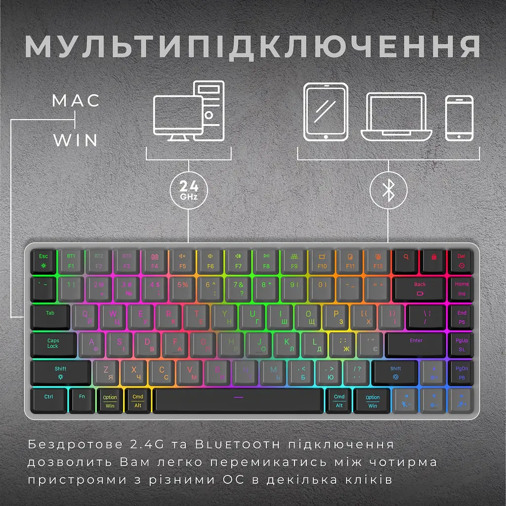 Клавиатура GamePro Red Swich Low Profile RGB Wireless Bluetooth USB Dark Gray беспроводная (MK230R) - фото 10