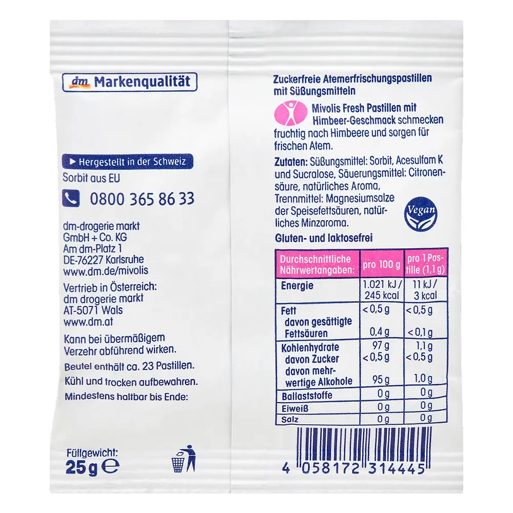 Пастилки Mivolis Fresh зі смаком малини, без цукру, 25 г, від DM (Німеччина) - фото 2