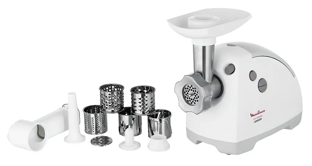 Moulinex М'ясорубка, 2000Вт, 2.6кг/хв, 3 решітки, насадка для ковбас, кеббе, 5 терок, пластик, біло-сірий - фото 2