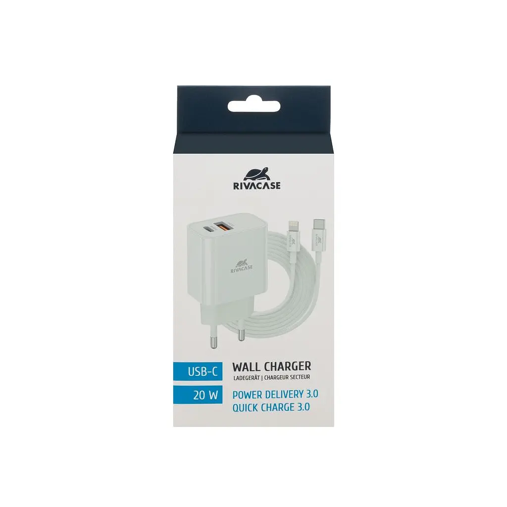 Зарядний пристрій RivaCase 2xUSB-A + USB-C, PD 20 Вт + QC 3.0, кабель USB-C — Lightning, білий (PS4102 WD5 (White)) - фото 3