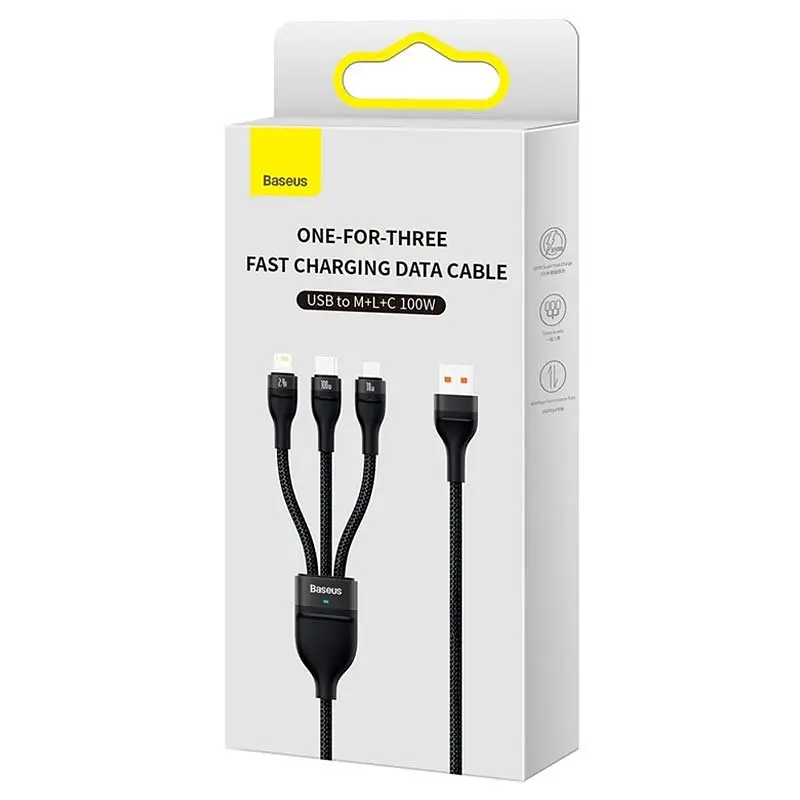 Кабель Baseus Flash Series II One-for-three Fast Charging Data Cable USB to M + L + C 100W 1.2 м Черный - фото 2