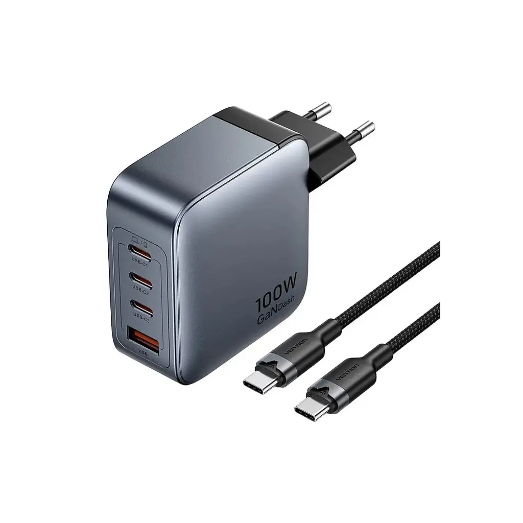 Зарядний пристрій Vention 3xUSB-C PD 100 Вт + 1xUSB QC 3.0 30 Вт GaN + кабель USB-C — USB-C 1.0 м сірий (TZ-FETH0-EU)