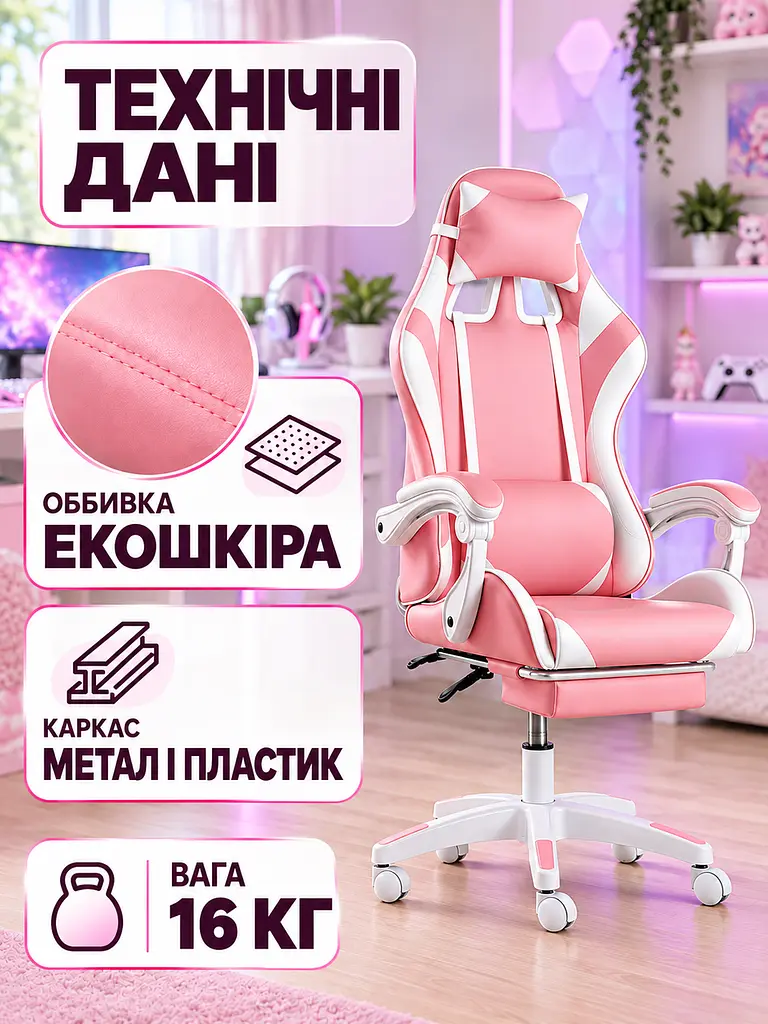 Ортопедичне геймерське крісло з підставкою для ніг Рожеве (37261527) - фото 6