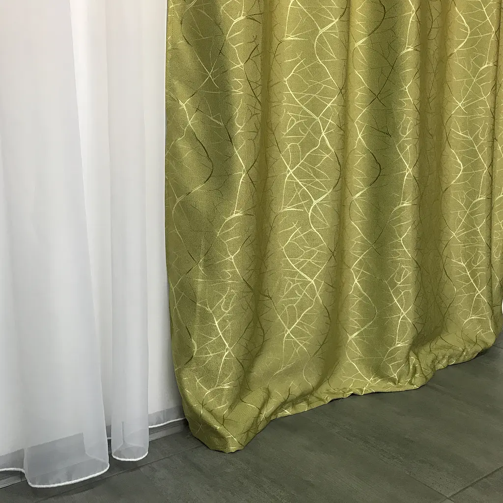 Льняні штори "бите скло" оливкового кольору 2шт. 150х270 з білим шифоновим тюлем 400х270, на тасьмі ALBO pbe0052737 - фото 5