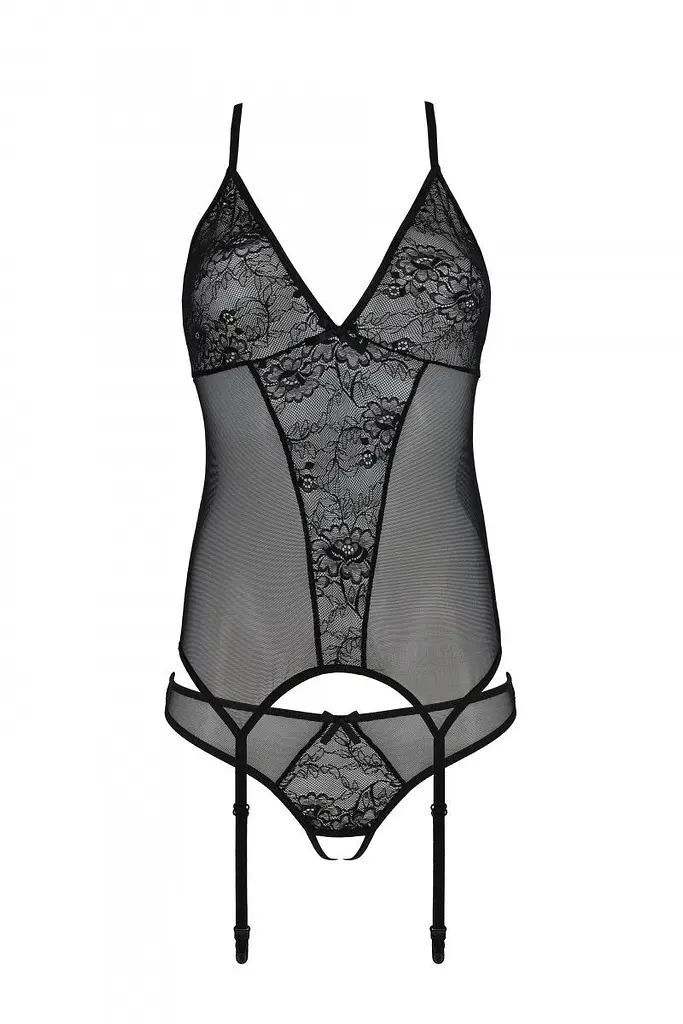 Корсет з пажами Passion Ursula Corset, трусики з ажурним декором та відкритим кроком, S/M (чорний) - фото 4