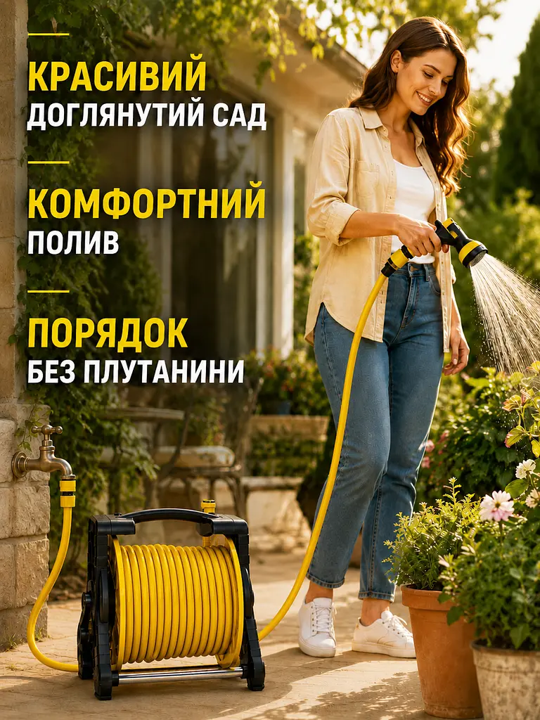 Гнучкий садовий шланг 15 м на котушці з пістолетом-розпилювачем жовтий (49675879), 15 м - фото 4