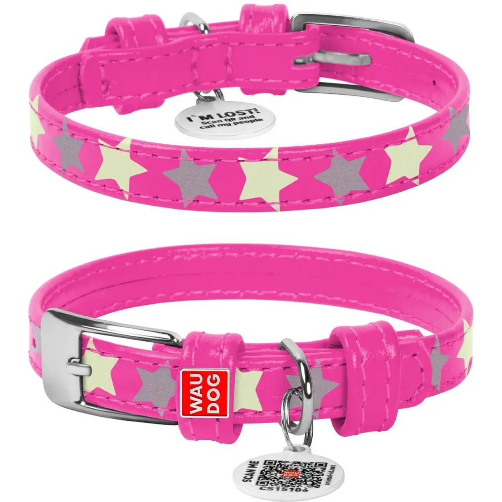 Нашийник для собак Waudog Glamour Зірочка, шкіряний, світловідбивний, світлонакопичуючий, з QR паспортом, XS, 21-29х1,2 см, рожевий - фото 3