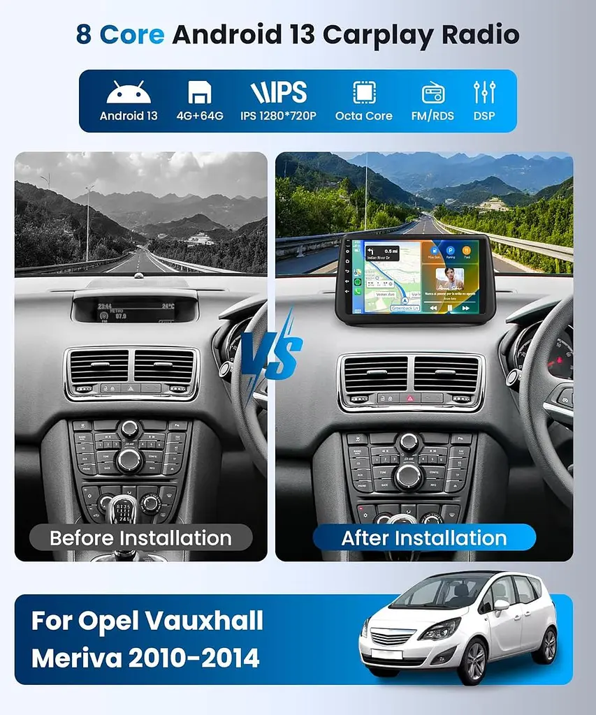 Автомобильная стереосистема для Vauxhall/Opel Meriva 2010-2014 с беспроводным Carplay, Android Auto, Podofo 4G+64G Android 13 - фото 2