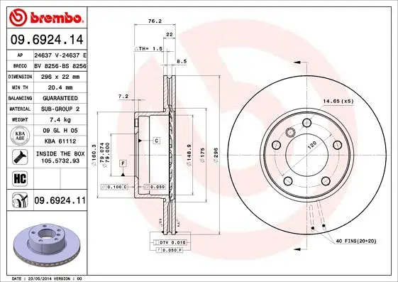 Диск гальмівний передній вентильований Bmw 5 95-04р Brembo (09.6924.11) - фото 2