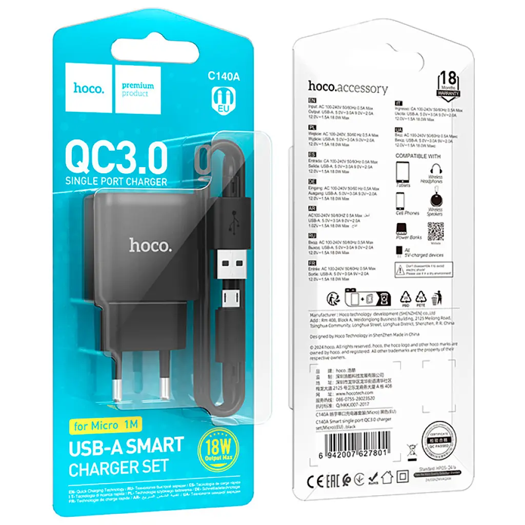 Зарядний пристрій HOCO C140A Smart USB QC3.0 + USB to cable Micro Black (6942007627801) - фото 5