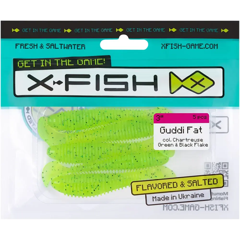 Силікон X-Fish Guddi Fat 3" Chartreuse Green & Black Flake (5шт/уп) - фото 2
