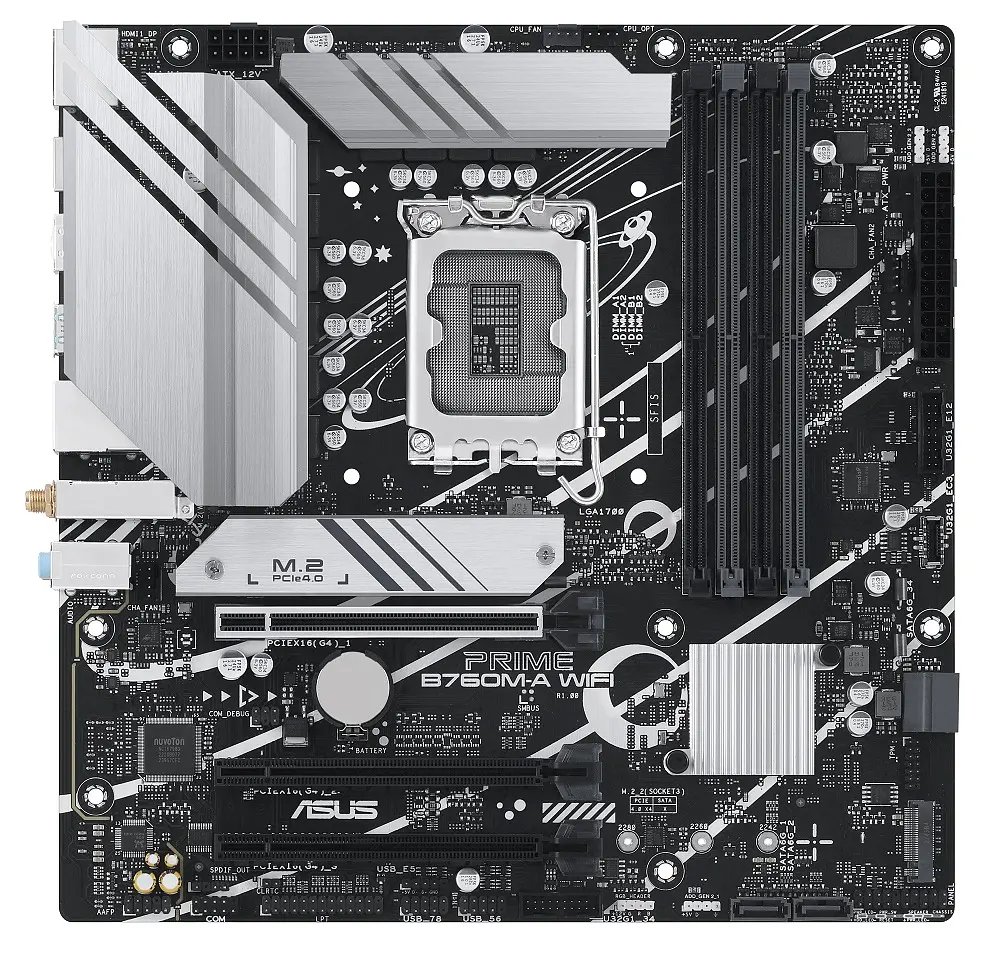 Материнская плата LGA1700, Asus PRIME B760M-A WIFI, B760, 4xDDR5, Int.Video(CPU), 4xSATA3, 2xM.2, 3xPCI-E 16x 4.0, Realtek 7.1, Realtek 2.5Gb, WiFi 6, Bluetooth 5.2, 5xUSB3.2/7xUSB2.0, HDMI/DP, MicroATX - фото 2