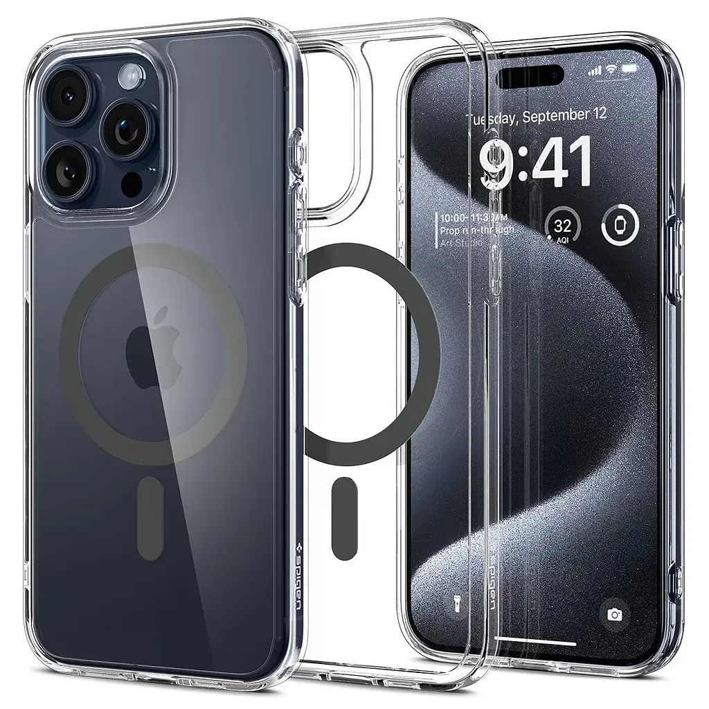 Оригінальний прозорий чохол для iPhone 15 PRO (6.1") Spigen Ultra Hybrid MagSafe Graphite ACS06716 MagFit