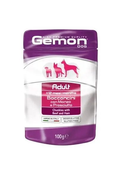 Вологий корм для собак Gemon Dog Wet Adult шматочки з яловичиною та шинкою 100 г