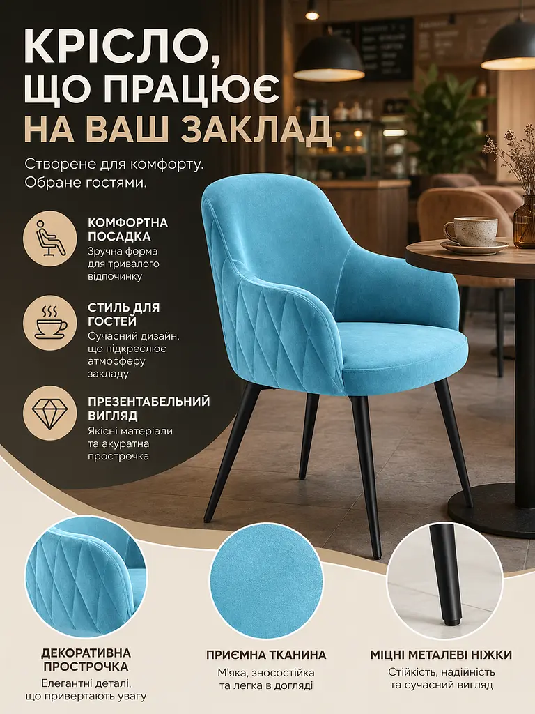 М’який стілець Ріо з ромбами для кафе та кав’ярні з оббивкою антикіготь 81×57 см до 200 кг, бірюзовий (49676267) - фото 4