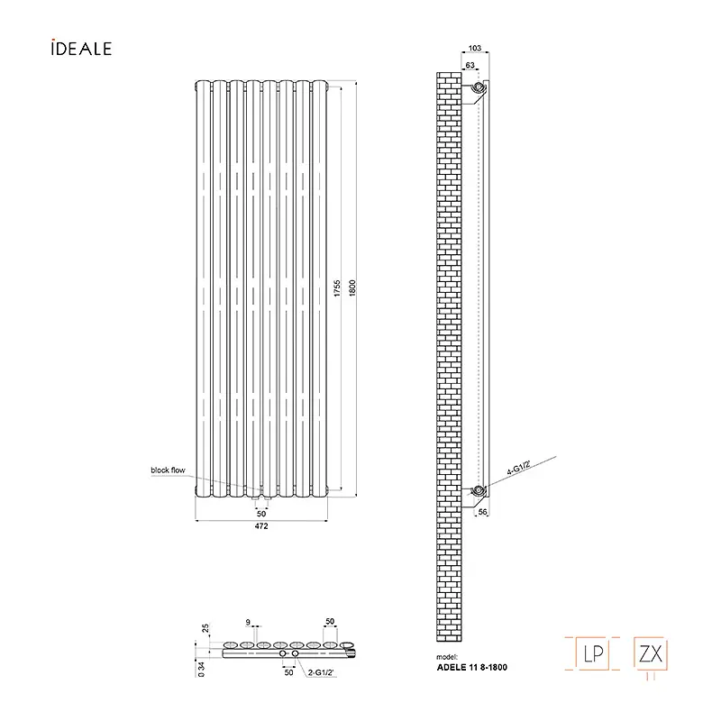 Радиатор дизайнерский Ideale Adele 11 8/1800/472 антрацит, Антрацит - фото 4