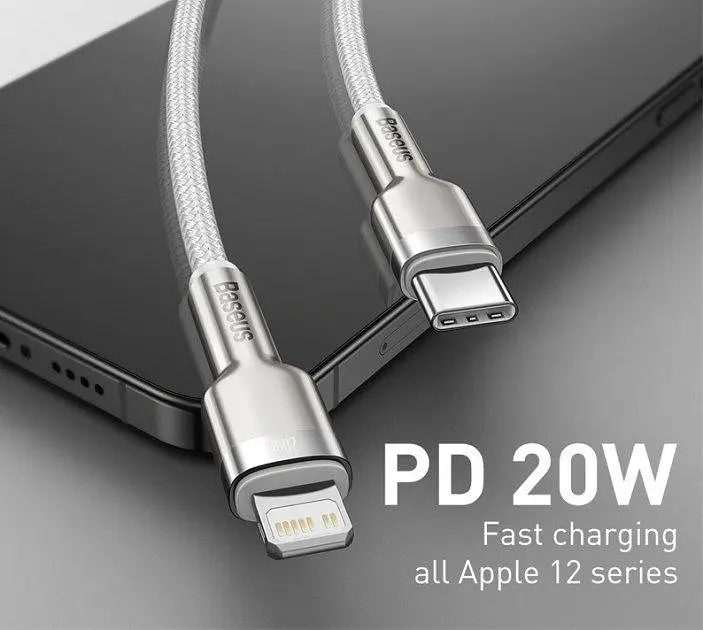 Кабель Baseus Cafule Metal Cable Type-C to Lightning PD 20W 1m CATLJK-A02 White - фото 3