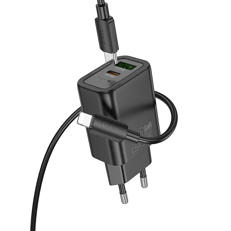 Мережевий зарядний пристрій з кабелем HOCO N61 Gentle PD20W+QC3.0 charger set(C to iP) Чорний - фото 3