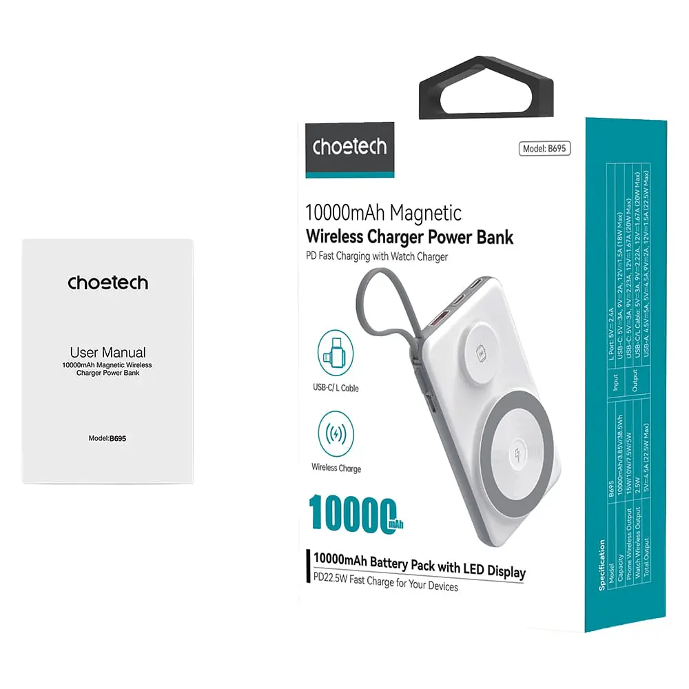 Повербанк 10000mAh Choetech B695 White QC3.0 PD3.0 бездротова зарядка смартфонів та Apple Watch (43-00143) - фото 6