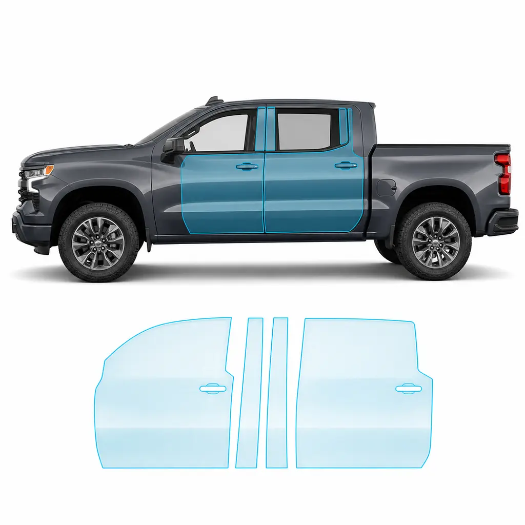 Антигравійна захисна бронеплівка за лекалами для Chevrolet Silverado IV facelift 2022- зони дверей і стійки вікон