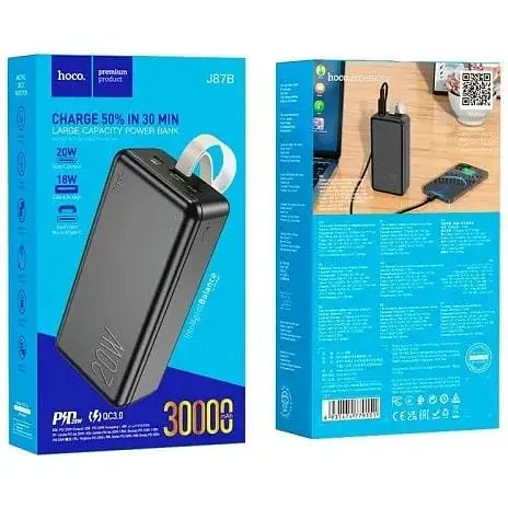 Зовнішній акумулятор Hoco Tacker Power Bank J87B 30000mAh чорний - фото 4