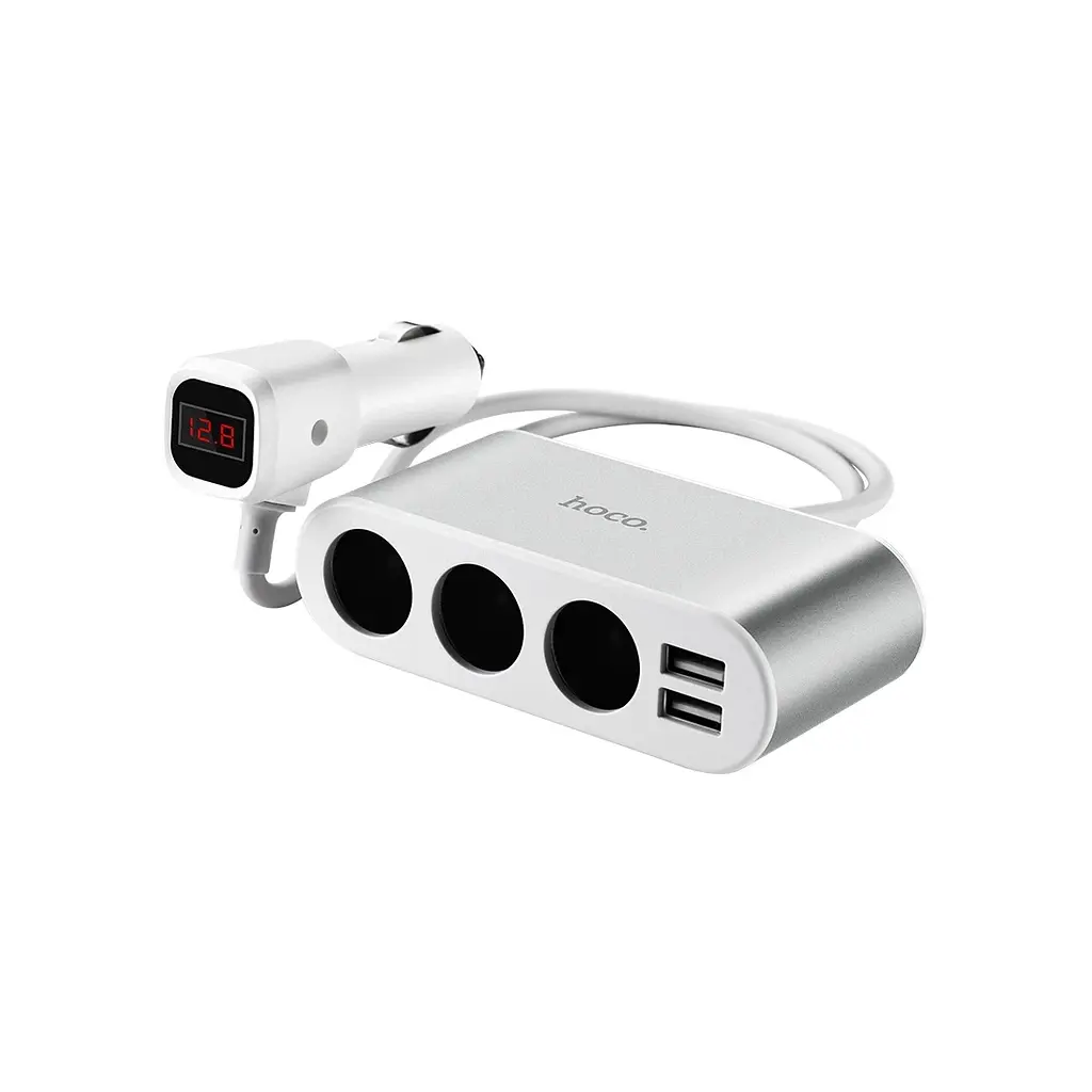 Зарядний пристрій HOCO 2xUSB 10.5 Вт + 3 автомобільні розетки, сріблястий (6957531050896)