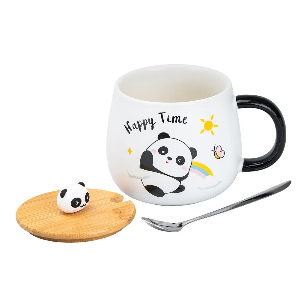 Чашка керамічна Happy Life Panda з кришкою та ложкою happy time 450 мл HP7203R - фото 2