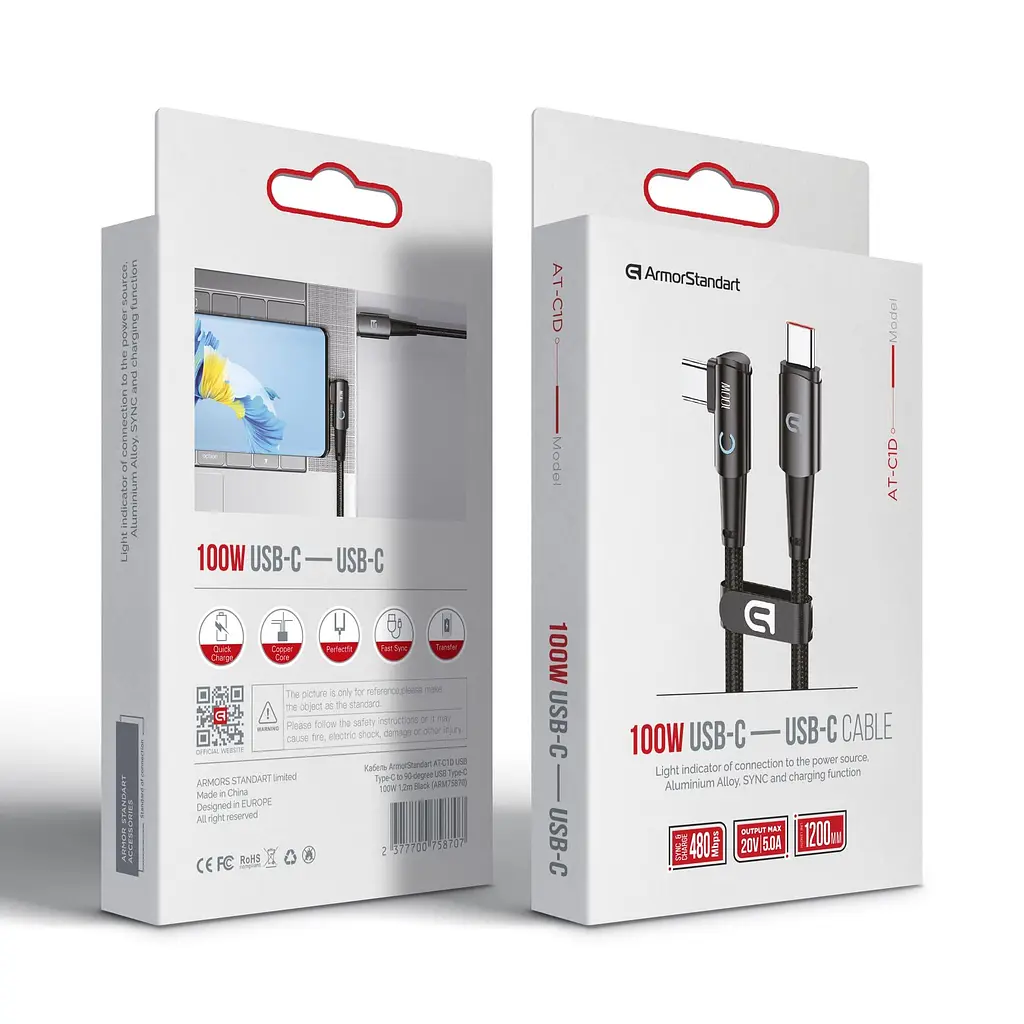 Кабель ArmorStandart AT-C1D USB Type-C to 90-degree USB Type-C 100W 1,2m Black (ARM75870) - фото 2