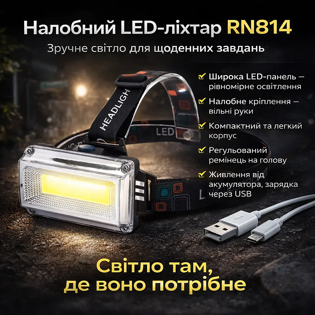 Налобный аккумуляторный фонарь RN814 с USB-зарядкой и регулировкой угла наклона - фото 2