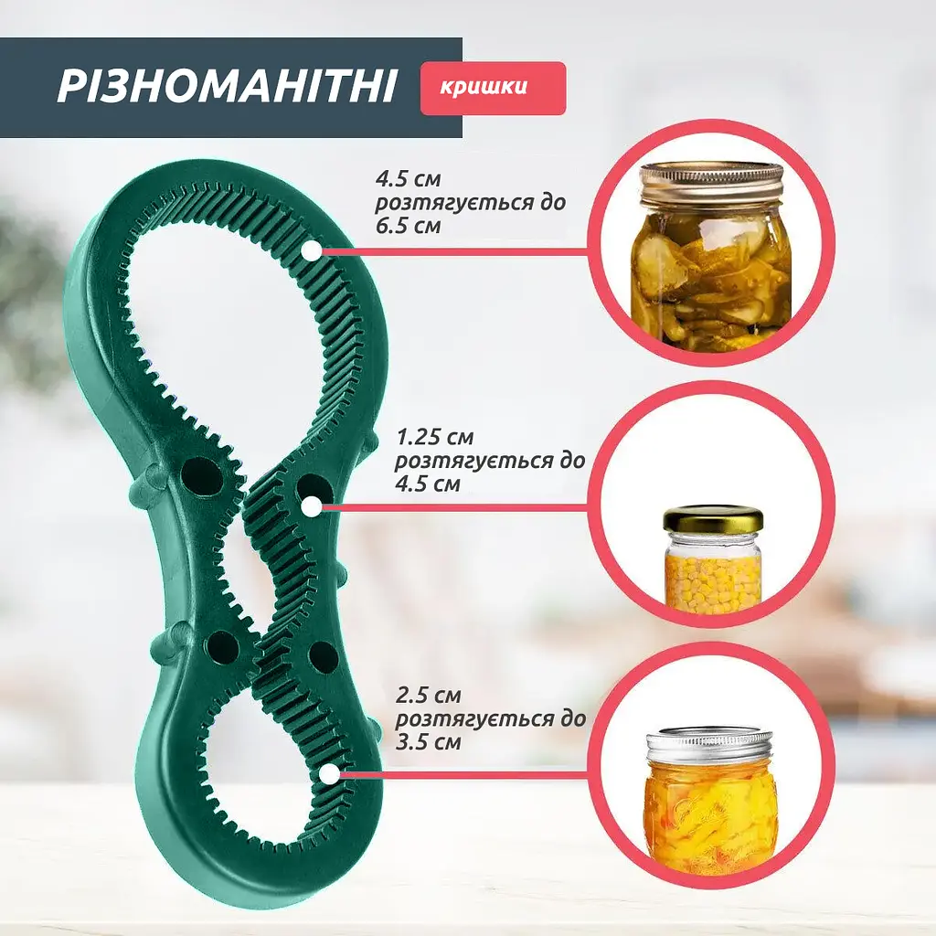 Євро ключ знімач гумовий для відкривання та закривання гвинтових кришок твіст, Kitchen Master Зелений 84112 - фото 2