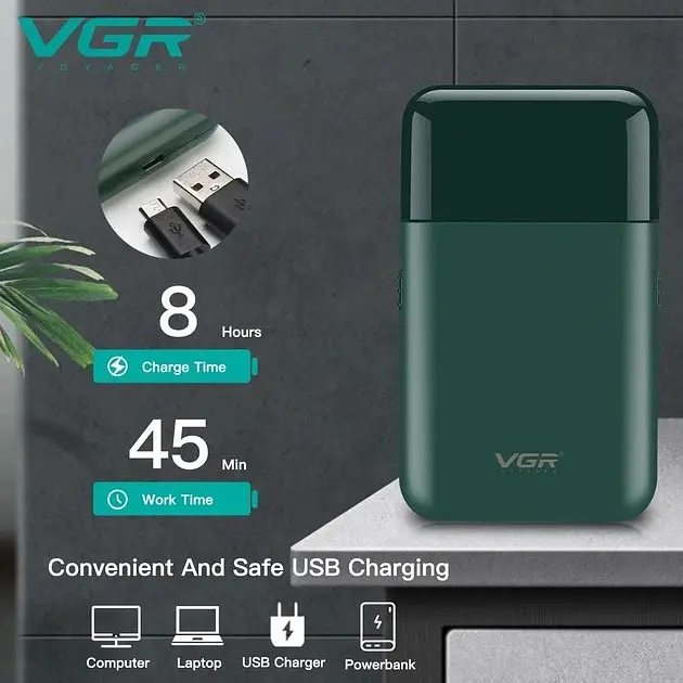 Акумуляторна міні електробритва для чоловіків VGR V 390 Green з тримером для сухого та вологого гоління - фото 5