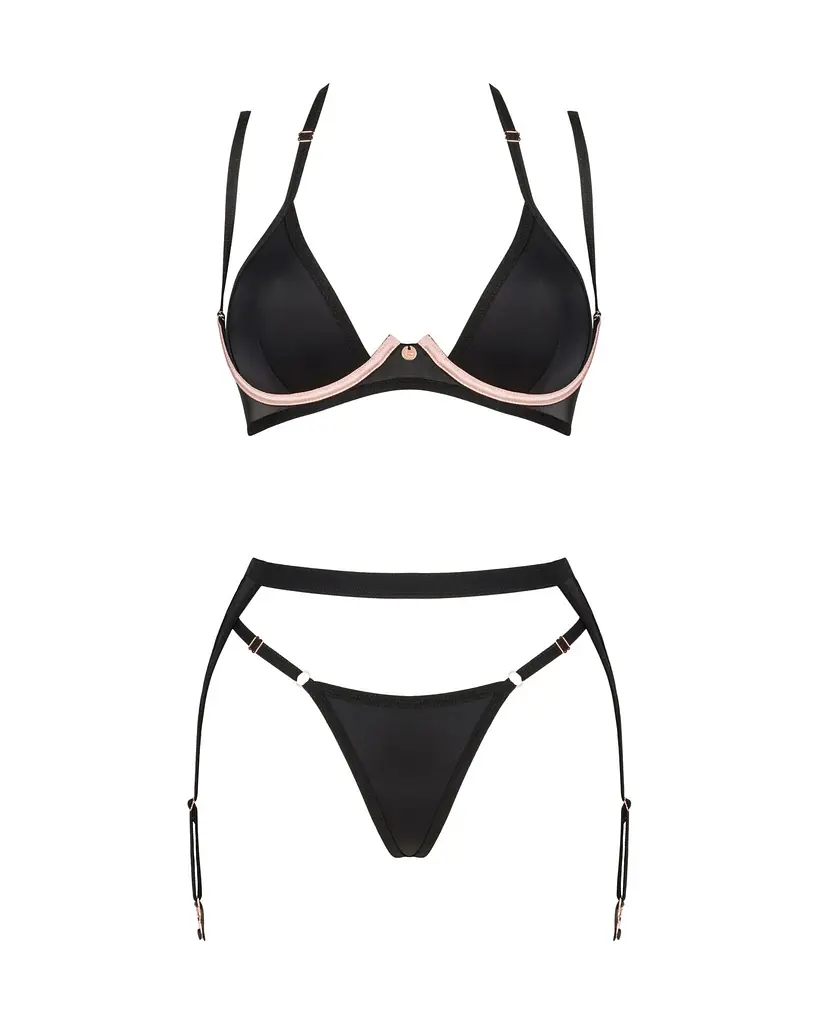 Комплект білизни Obsessive Selinne 3-pcs set XL/2XL Black, бюстгальтер, стрінги пояс для панчіх - фото 3