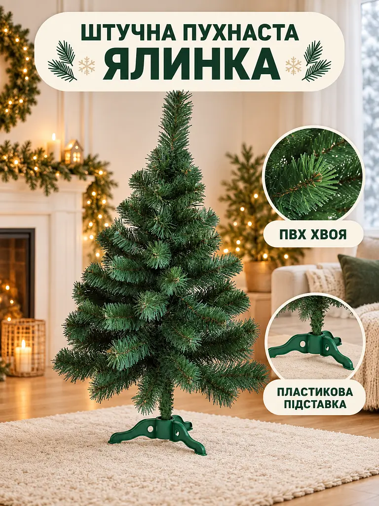 Штучна ялинка Казкова YaLINKA S5 75 см новорічна настільна пухнаста з ПВХ, зелена (90887662) - фото 2
