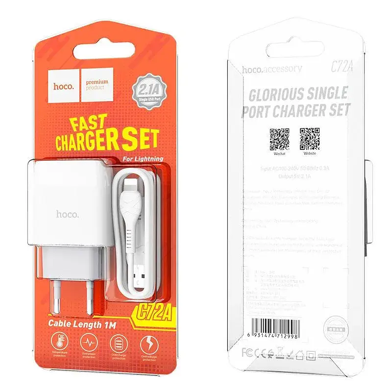 Зарядний пристрій Hoco C72A Glorious (1USB, 2.1А) White (6931474712998) + кабель Lightning - фото 6