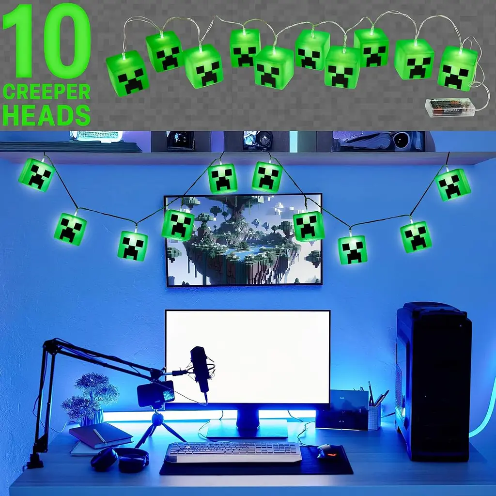Світлодіодна гірлянда Minecraft з 10 кубічних криперів із батарейками, 2 режими роботи, ідеально підходить для спальні, вечірки - фото 4