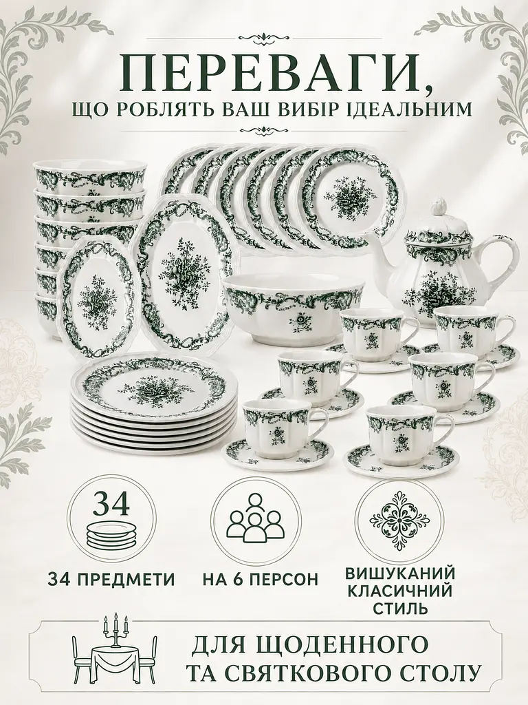 Столовий чайний сервіз із порцеляни біло-зелений на 6 персон, 34 предмети, чашки 350 мл (49676284) - фото 2