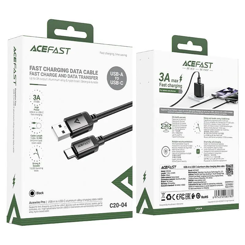 Кабель Acefast C20-04 USB-A to USB-C aluminum alloy charging data cable чорний - фото 2