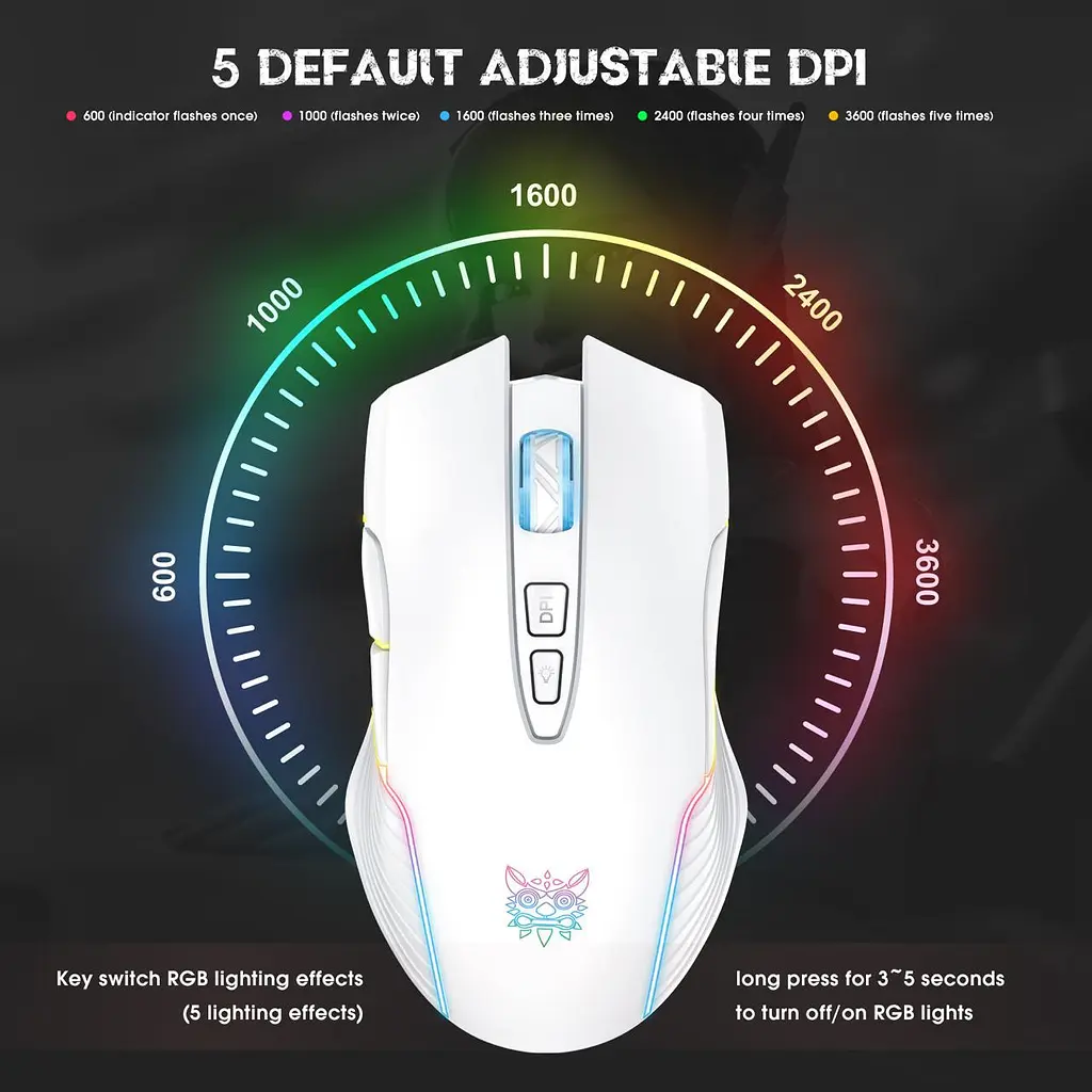 Компьютерная мышка Onikuma беспроводная игровая C105 с RGB подсветкой 2.4GHz 600-3600 DPI 7 кнопок бесшумная для ПК и ноутбука белая - фото 4
