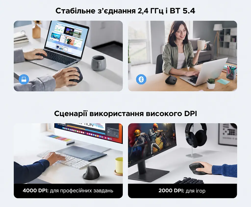 Бездротова вертикальна миша UGREEN M571P 2,4 ГГц з USB-A приймачем 4 рівні чутливості до 4000 DPI потребує окремого придбання батарейки AA з перемикачем Windows/macOS з бічними кнопками навігації дальність до 10 м без перешкод без встановлення драйверів з автоматичним режимом сну з індикацією низького заряду темно-сіра з чорним (65042) - фото 8
