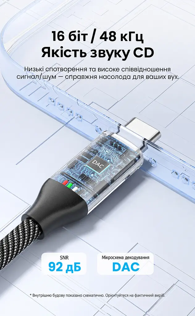 Аудіоадаптер Vention зі штекера USB-C на гніздо 3,5 мм з ЦАП DAC 16 біт 48 кГц з підтримкою дзвінків через гарнітуру TRRS з підтримкою пульта гарнітури залежно від телефона для навушників TRS та гарнітур OMTP і CTIA з бавовняним обплетенням кабелю з кабелем 0,15 м сірий (BIMHB) - фото 4