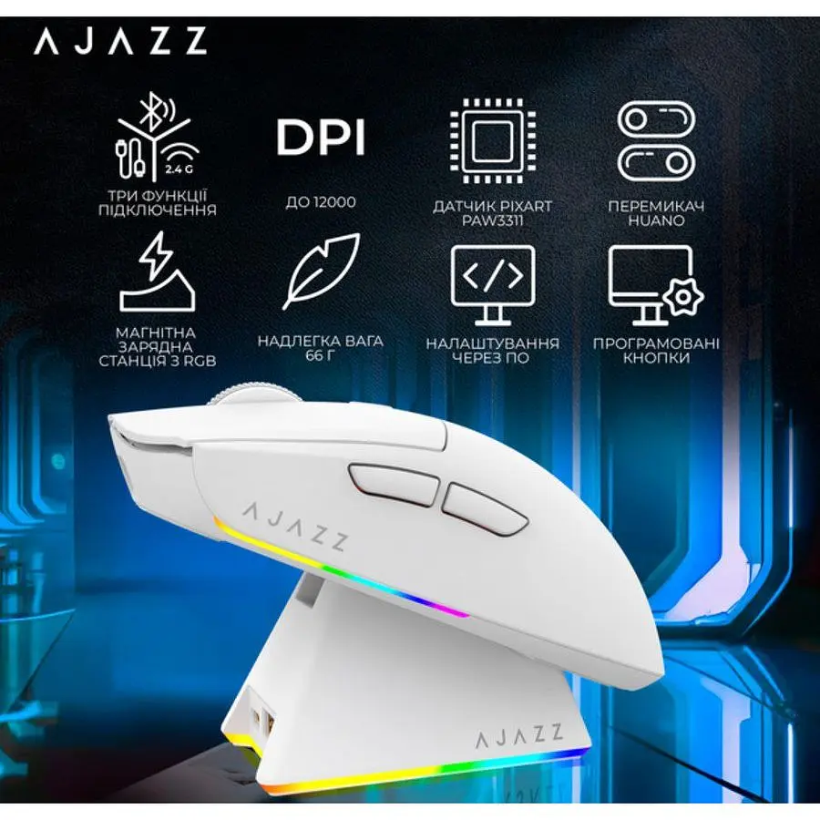 Ігрова миша Ajazz AJ-139W MC V2 Wireless/Bluetooth/USB ESports Gaming 12000dpi 35G White - фото 10