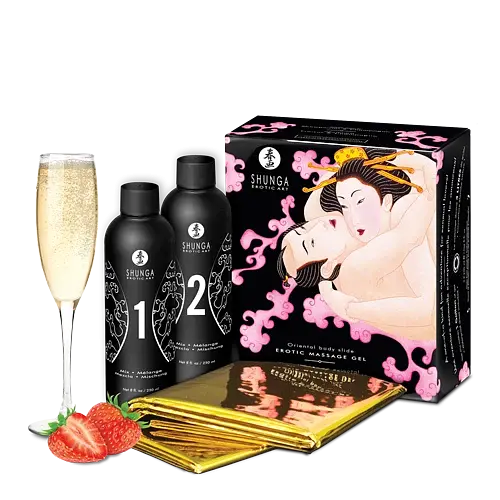 Гель для Nuru масажу Shunga Oriental Body-to-Body Sparkling Strawberry Wine плюс простирадло - фото 3