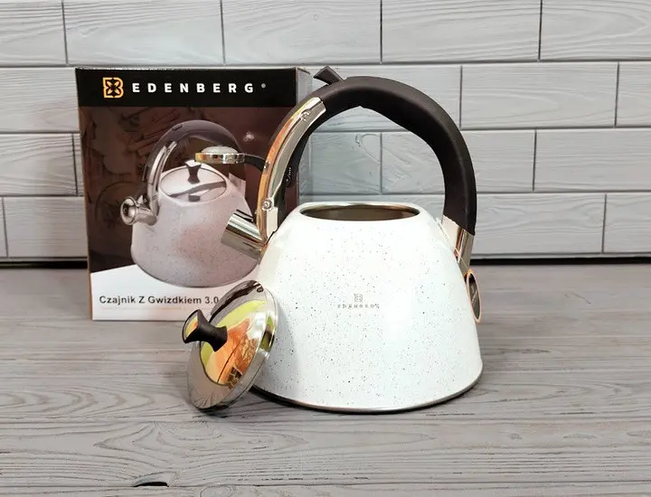 Хороший металлический чайник со свистком нержавеющая сталь с мраморным покрытием Edenberg 3л EB-3541W Белый - фото 6
