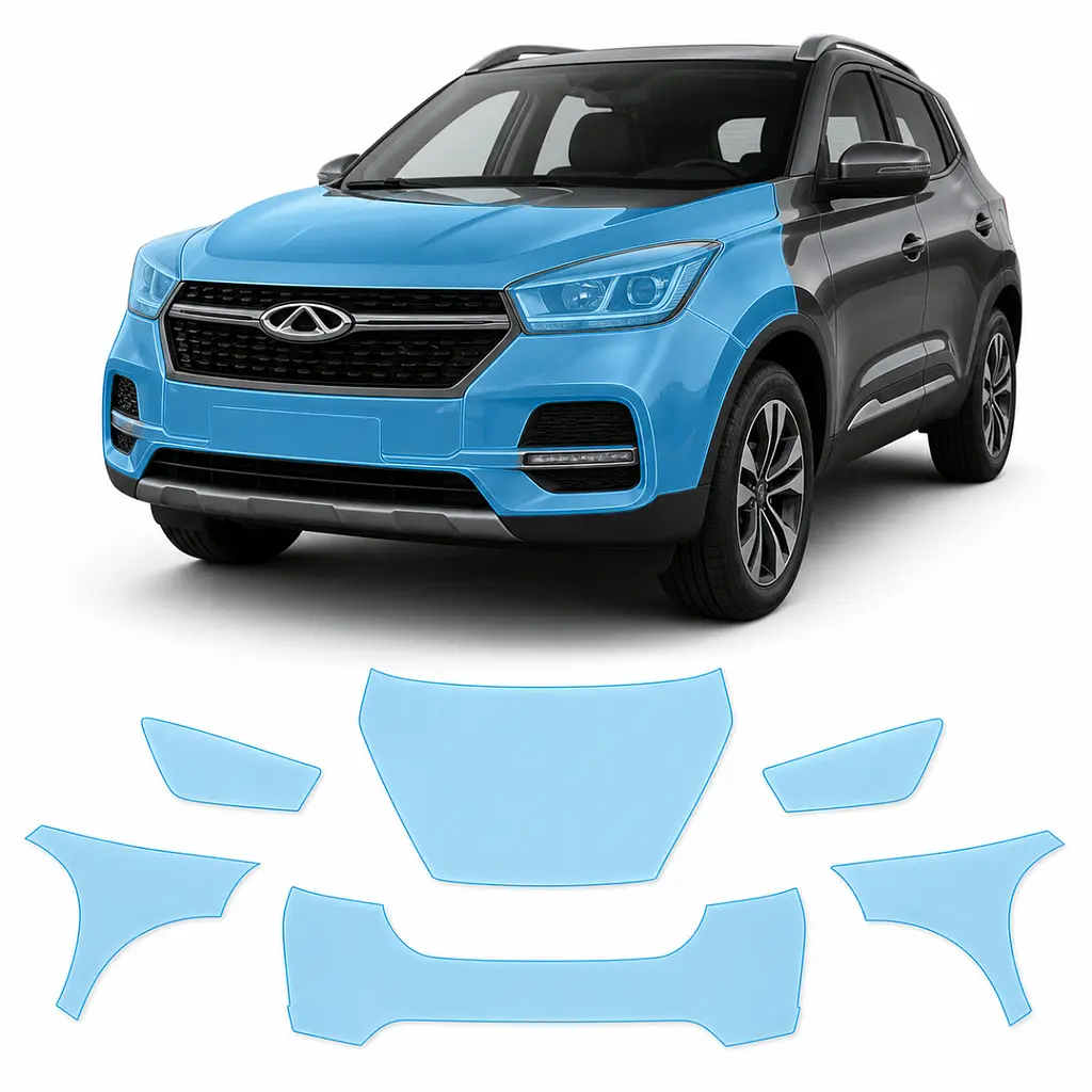 Антигравійна захисна бронеплівка за лекалами для Chery Tiggo 4 I 2017-2022 - передня частина авто (капот бампер крила))